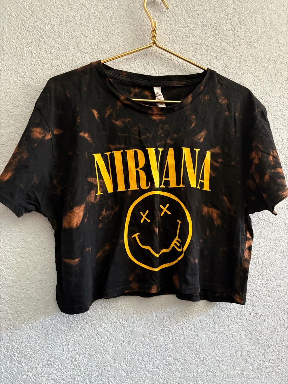 NIRVANA Black Crop Tee with Rust Tie-Dye and Yellow Logo